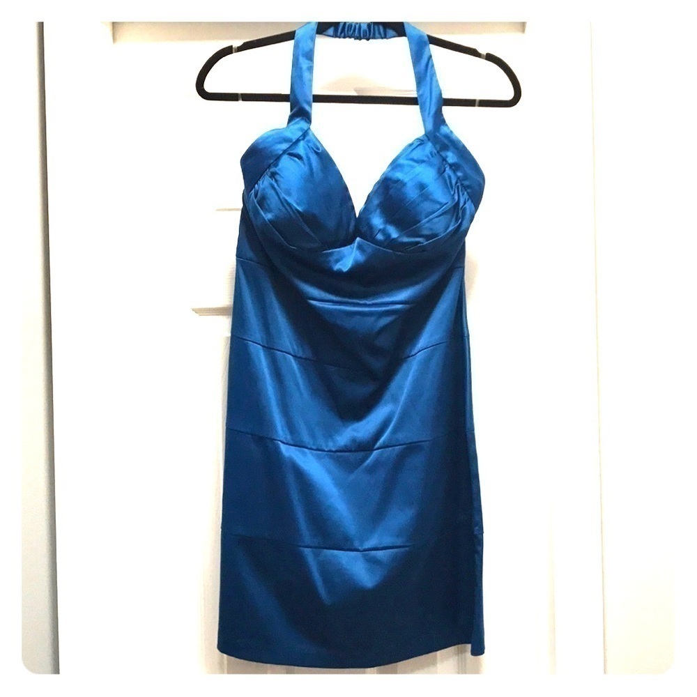 Wishes Wishes Wishes Silky Shiny Blue Halter Dress